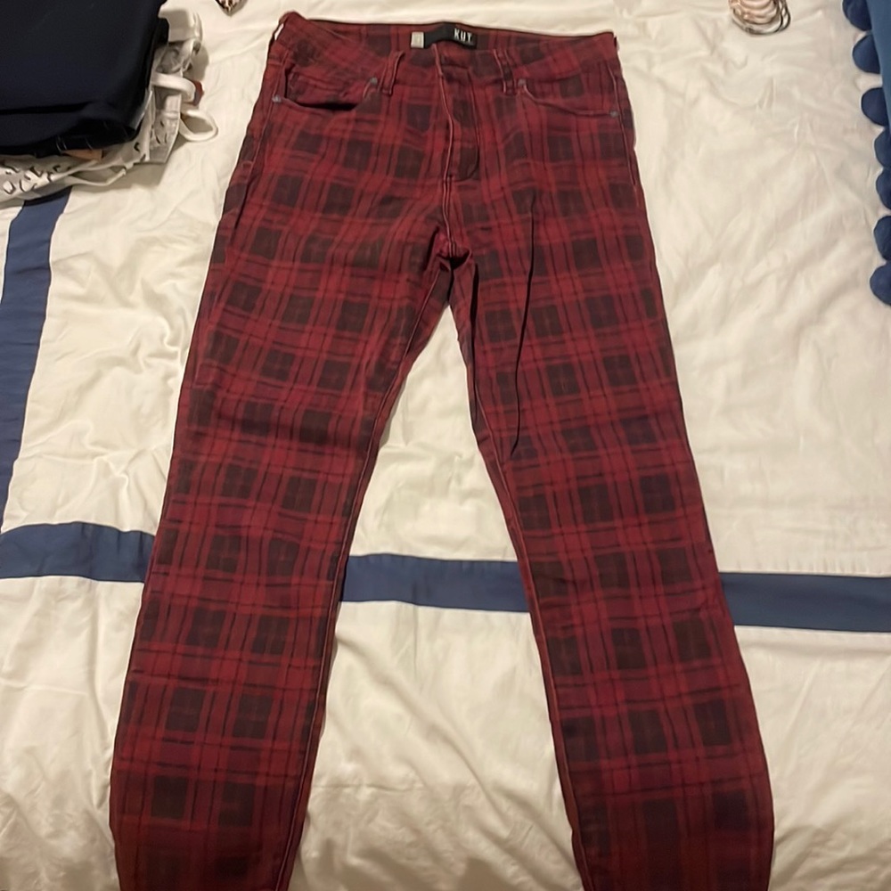 Red and black plaid skinny jeans